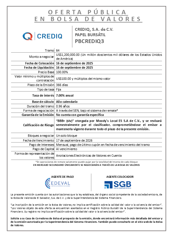 AVISO COLOCACION PBCREDIQ3 T 64