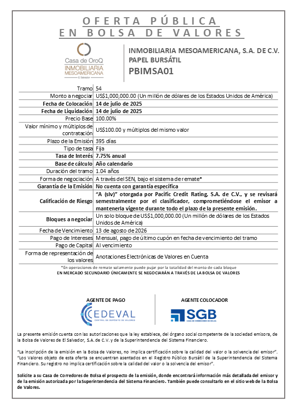 AVISO COLOCACION PBIMSA01 T 54