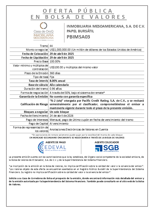 AVISO COLOCACION PBIMSA03 T 44