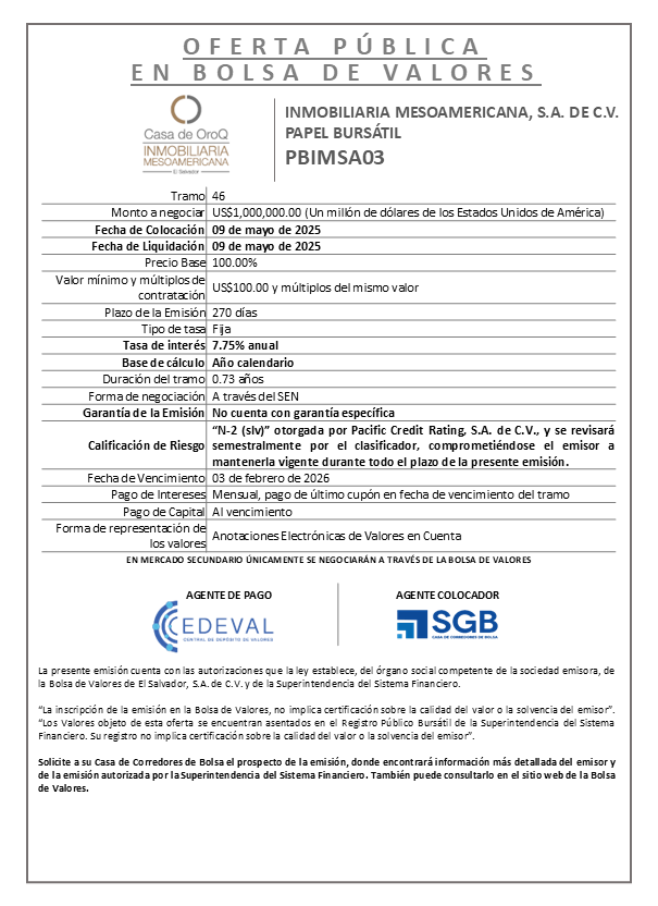 AVISO COLOCACION PBIMSA03 T 46