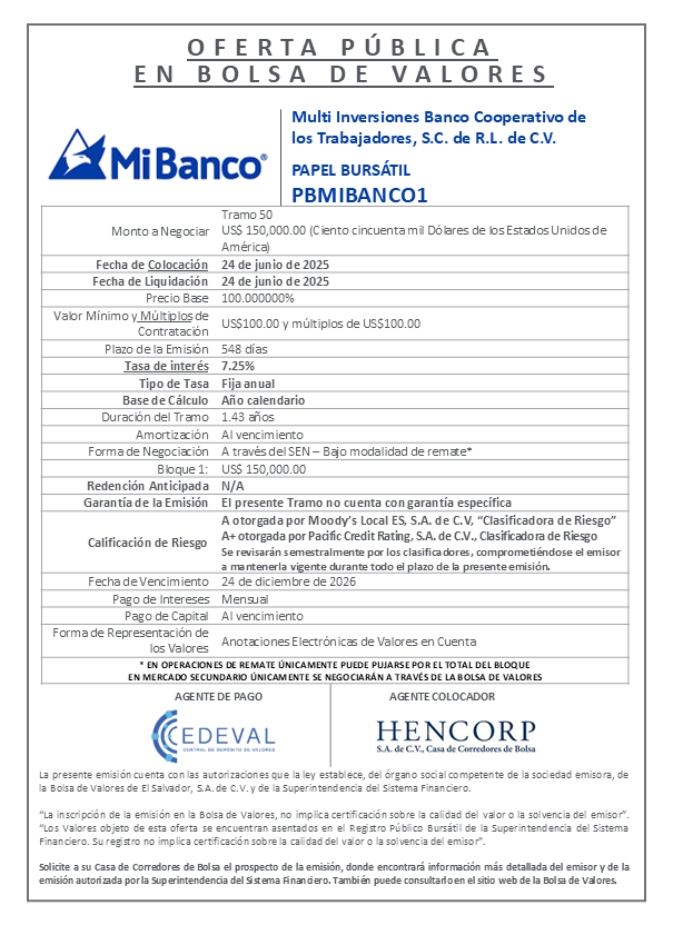 AVISO COLOCACION PBMIBANCO1 T 50