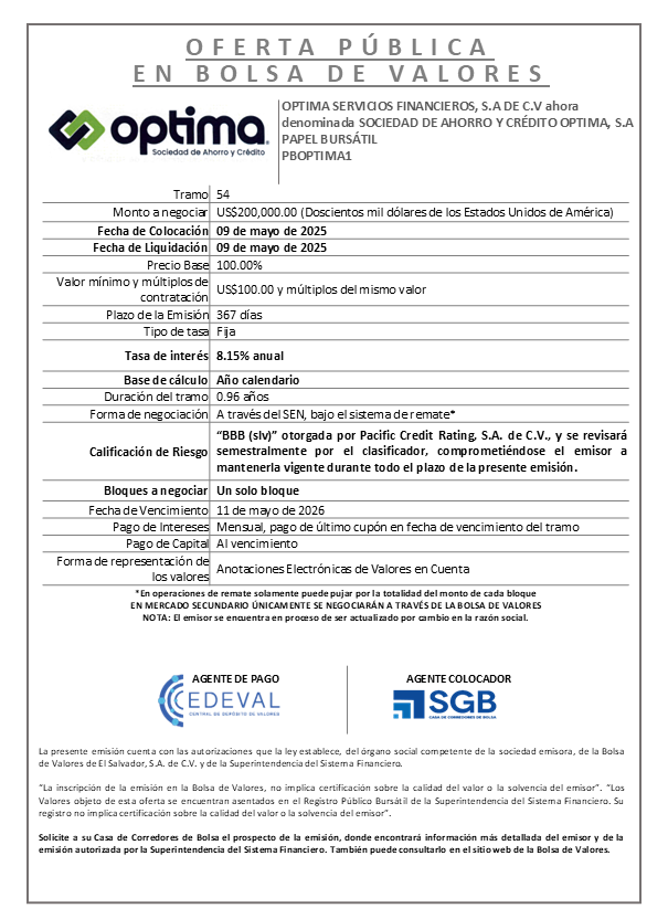 AVISO COLOCACION PBOPTIMA1 T 54