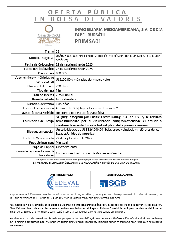 AVISO COLOCACIÓN PBIMSA01 T58