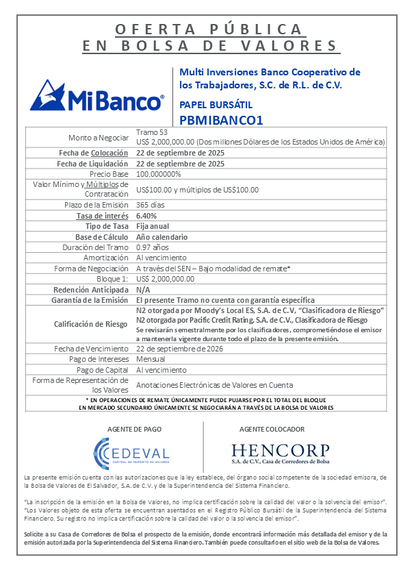 AVISO COLOCACIÓN PBMIBANCO1 T53