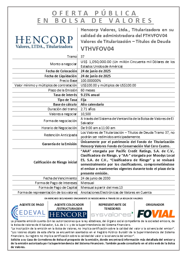 Anuncio de Colocacion VTHVFOV04 Tramo 37